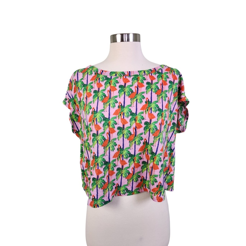 Bouffants & Broken Hearts Womens Linen Top Size Medium Pink Green Flamingo Print